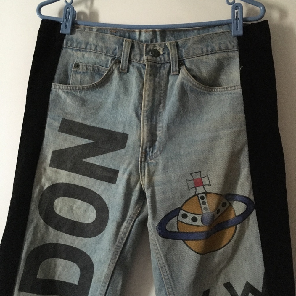 LEVI'S X VIVIENNE WESTWOOD Repurposed Dirty Wash Jeans Velvet Tuxedo Stripes - Picture 2 of 8
